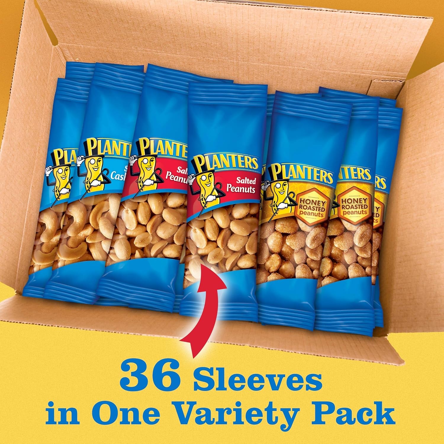 PLANTERS Variety Pack, Salted Cashews, Salted Peanuts & Honey Roasted Peanuts, On-The-Go Nut Snacks, Individually Packed Snacks, 8 -13G (12% - 13% DV) Plant-Based Protein (36 Count)