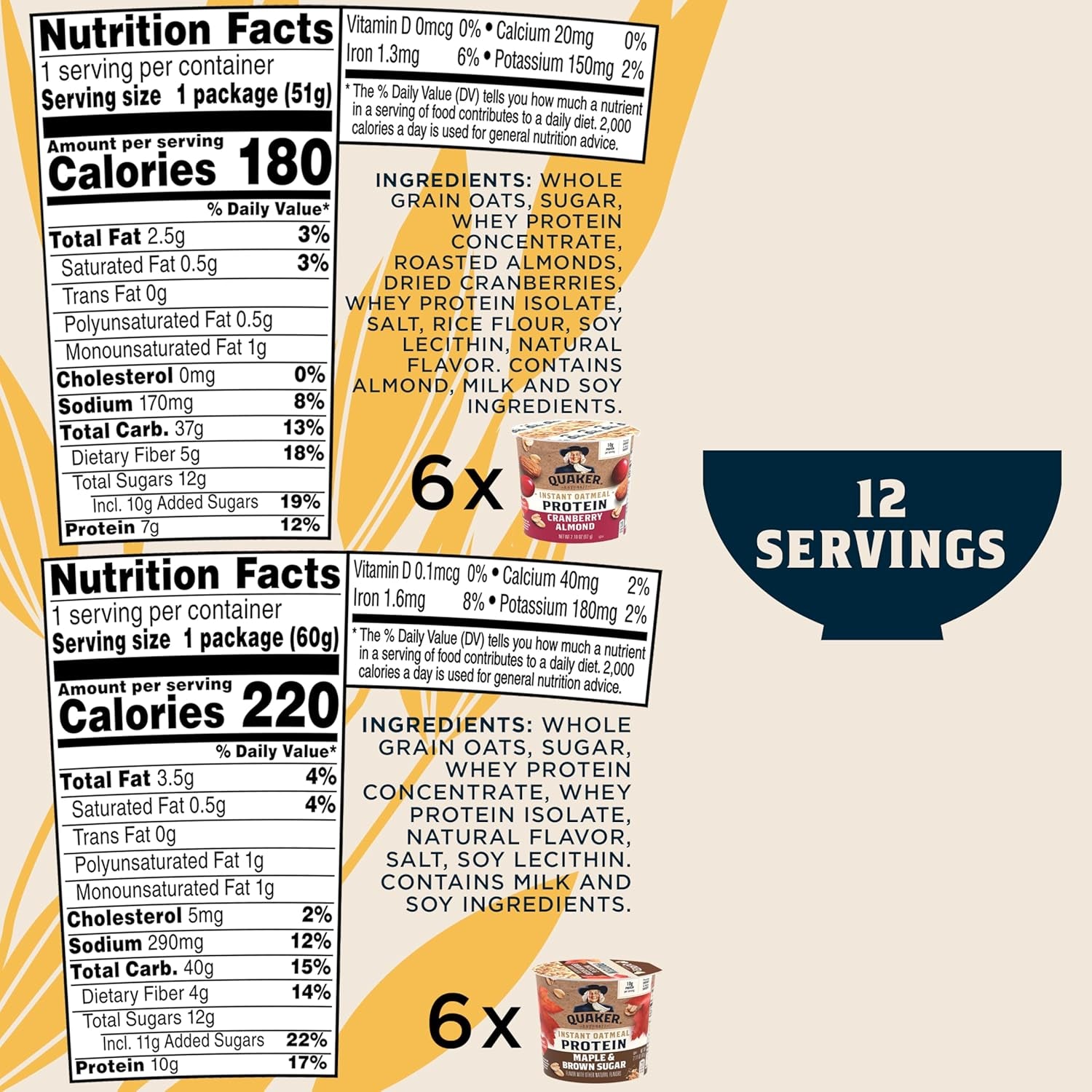 Quaker Instant Oatmeal Express Cups, 10G Protein 2 Flavor Variety Pack, (Pack of 12)