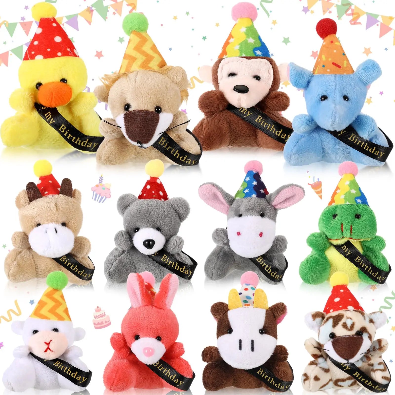 12/24 Sets Birthday Mini Plush Animals with Hats, Back to School Classroom Birthday Party Favors, Cute Stuffed Animal Goodie Bag Stuffers, Student Celebration Gifts, Classroom Rewards and School Party Supplies for Students, Friends and Teachers