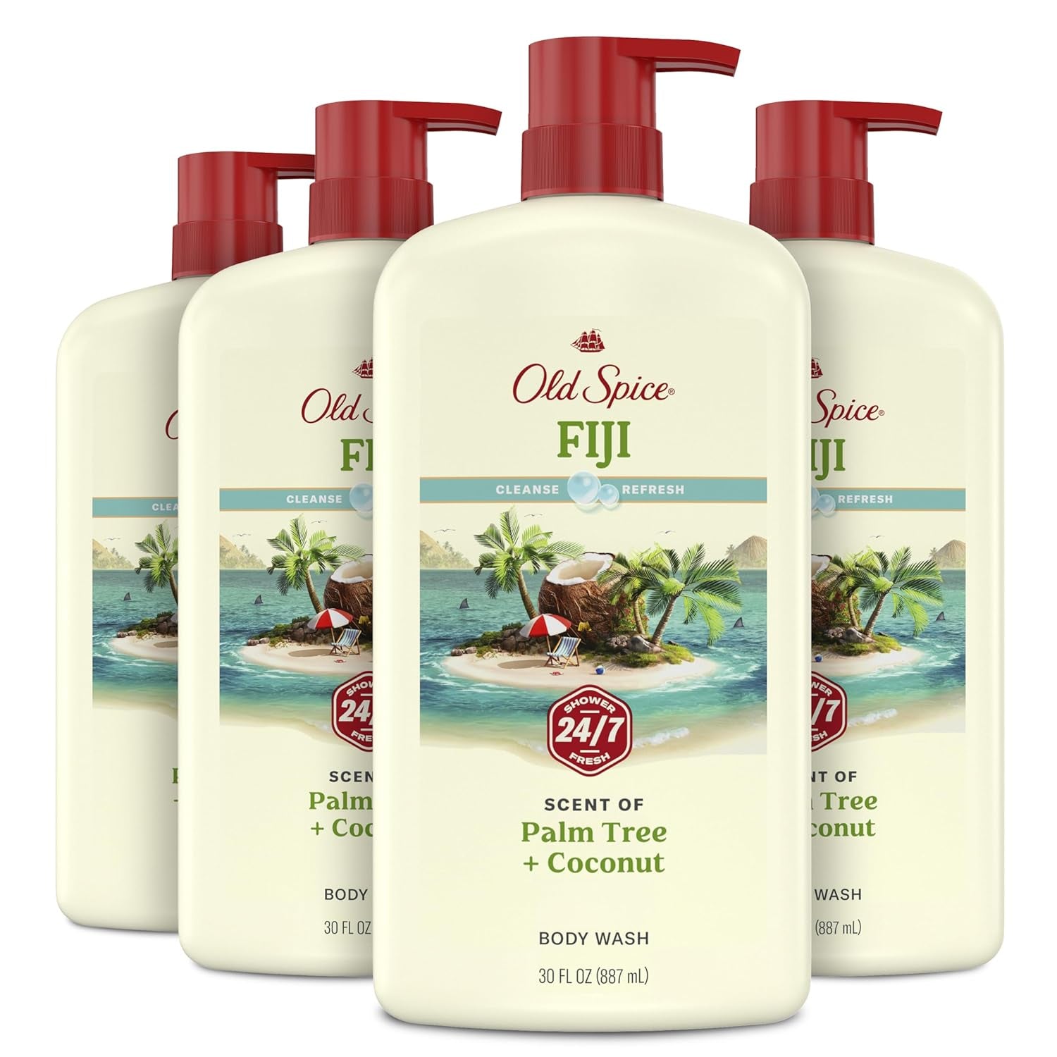 Old Spice Body Wash for Men, 24/7 Shower Fresh with Lasting Scent, Cleanse & Refresh, Gentle on Skin, Vitamin B3, Fiji with Palm Tree + Coconut Scent, 25 Oz (Pack of 4)