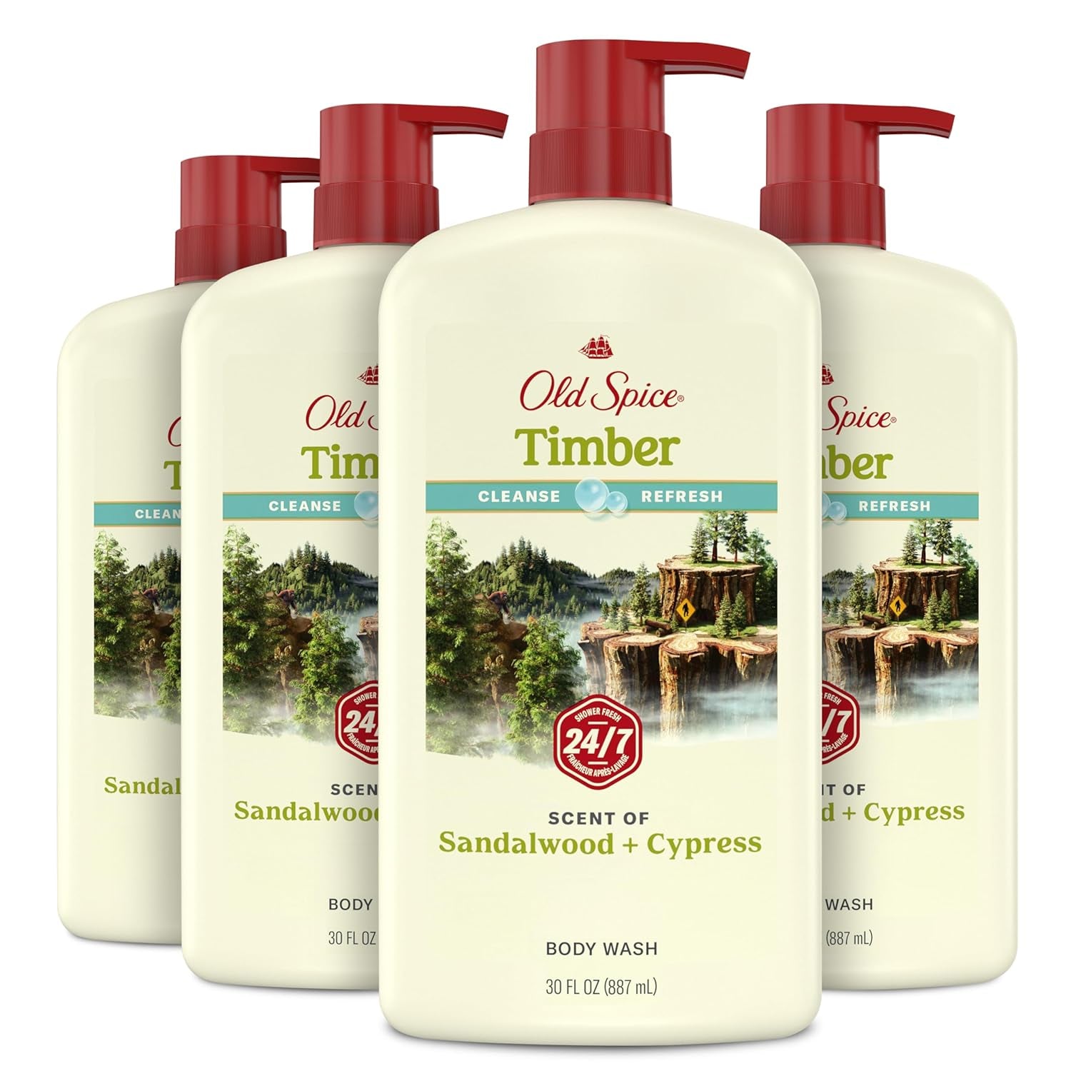 Old Spice Body Wash for Men, 24/7 Shower Fresh with Lasting Scent, Cleanse & Refresh, Gentle on Skin, Vitamin B3, Fiji with Palm Tree + Coconut Scent, 25 Oz (Pack of 4)