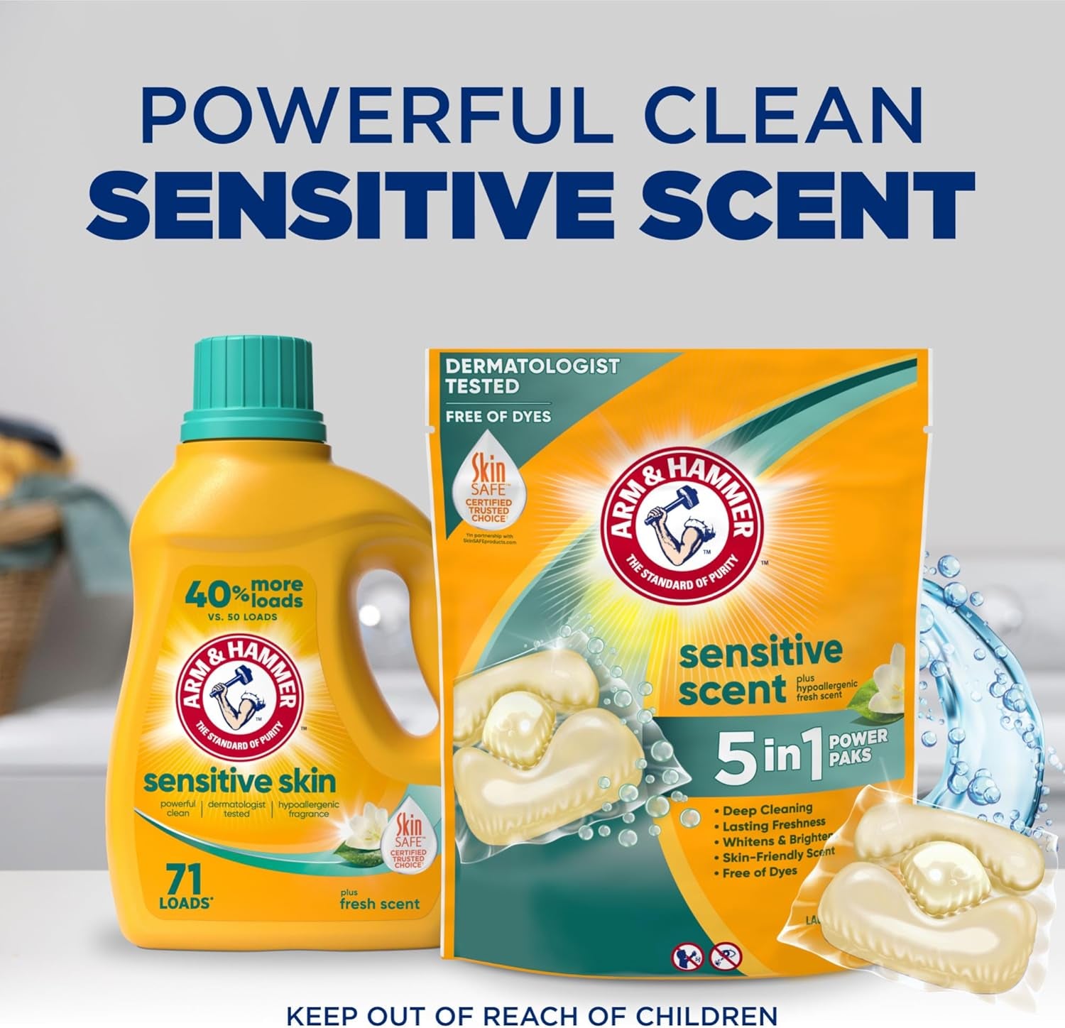 ARM & HAMMER Sensitive Skin Laundry Detergent with Hypoallergenic Fresh Scent, 5-IN-1 Power Paks, 42 Ct