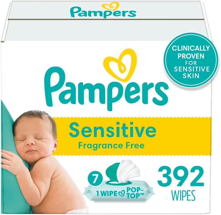 Pampers Sensitive Baby Wipes, Clinically Proven, Fragrance Free, Unscented, Water Based, Hypoallergenic, Multi-Use, Hand Wipes 1008 Wipes Total (18X Flip-Top Packs) [Packaging May Vary]
