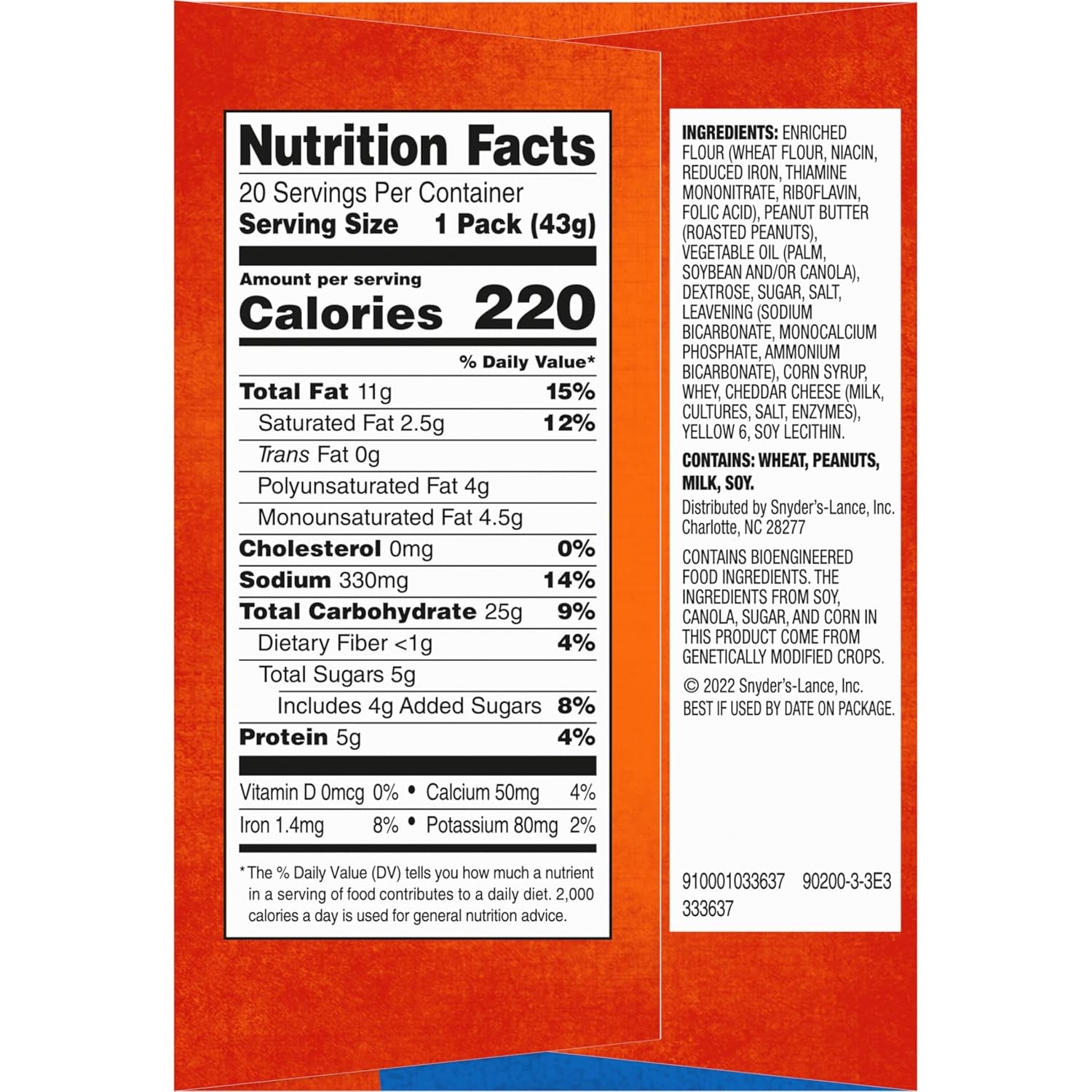 Lance Sandwich Crackers, Toastchee Peanut Butter, 20 Individually Wrapped Packs, 6 Sandwiches Each