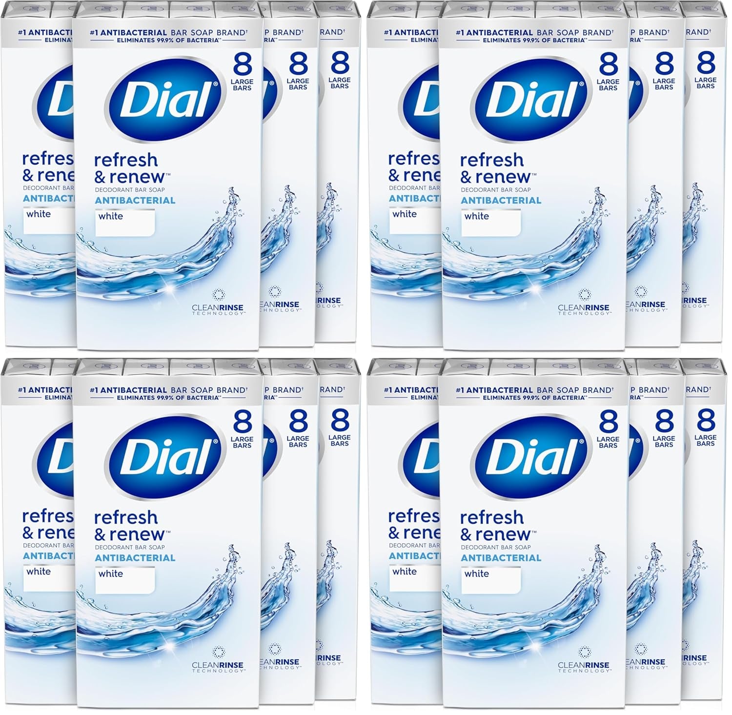 Dial Antibacterial Bar Soap, Refresh & Renew, White, 4 Oz, 32 Bars