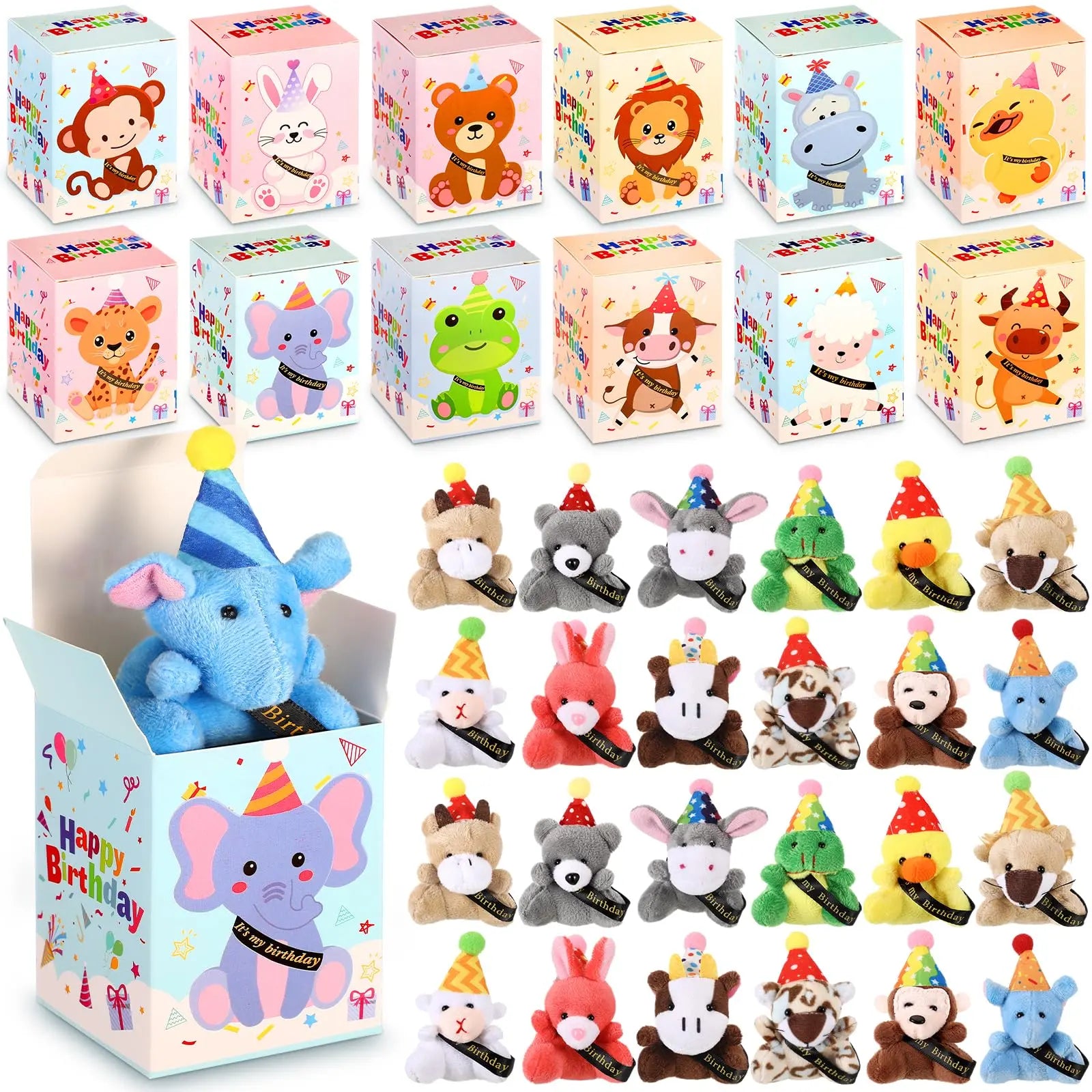 12/24 Sets Birthday Mini Plush Animals with Hats, Back to School Classroom Birthday Party Favors, Cute Stuffed Animal Goodie Bag Stuffers, Student Celebration Gifts, Classroom Rewards and School Party Supplies for Students, Friends and Teachers