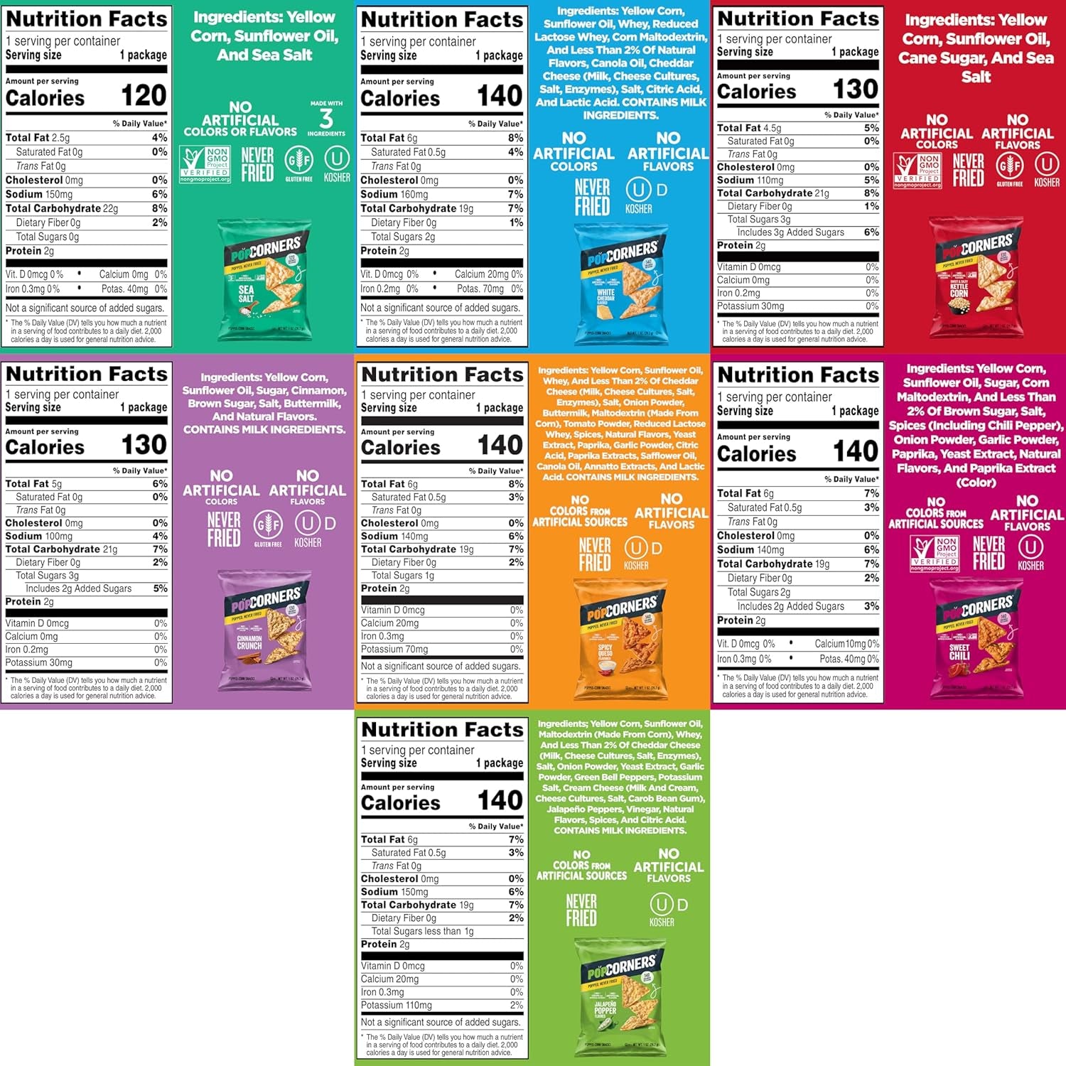 Popcorners Popped Corn Chips, 7 Flavor Variety Snack Pack, 1 Oz Bags, (20 Pack), Gluten Free, No Artificial Colors, No Artificial Flavors