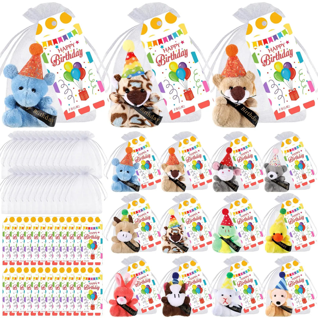 12/24 Sets Birthday Mini Plush Animals with Hats, Back to School Classroom Birthday Party Favors, Cute Stuffed Animal Goodie Bag Stuffers, Student Celebration Gifts, Classroom Rewards and School Party Supplies for Students, Friends and Teachers