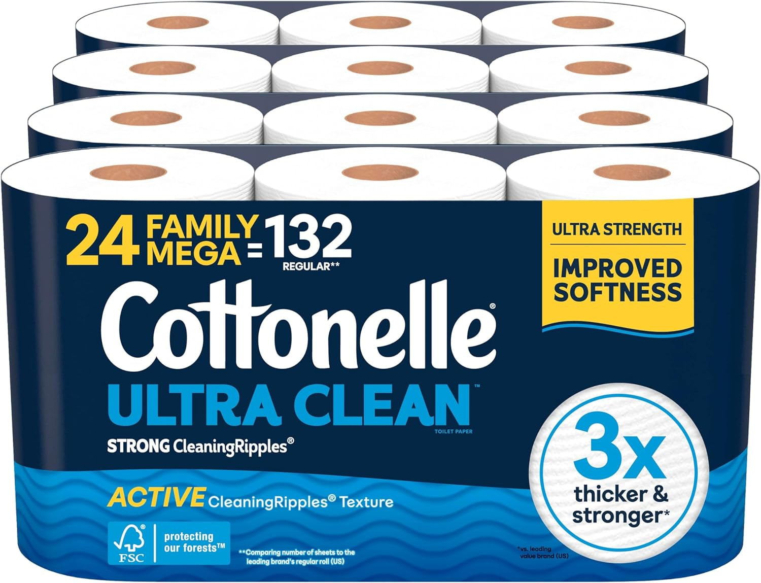 Cottonelle Ultra Clean Toilet Paper with Active Cleaningripples Texture, Strong Bath Tissue, 32 Family Mega Rolls = 176 Regular Rolls (8 Packs of 4)