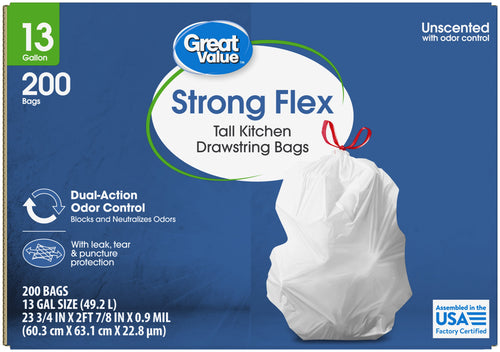 13-Gallon Strong Flex Tall Kitchen Drawstring Trash Bags, 200 Count