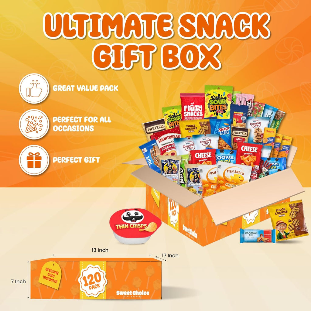 Snack Box Variety Pack (120 Count) - Bulk Snacks Variety Pack for Adults, Kids & Teens - Snacks Candy Gift Box with Chips, Cookies & Bars - Care Packages for College Students, Office & Birthdays