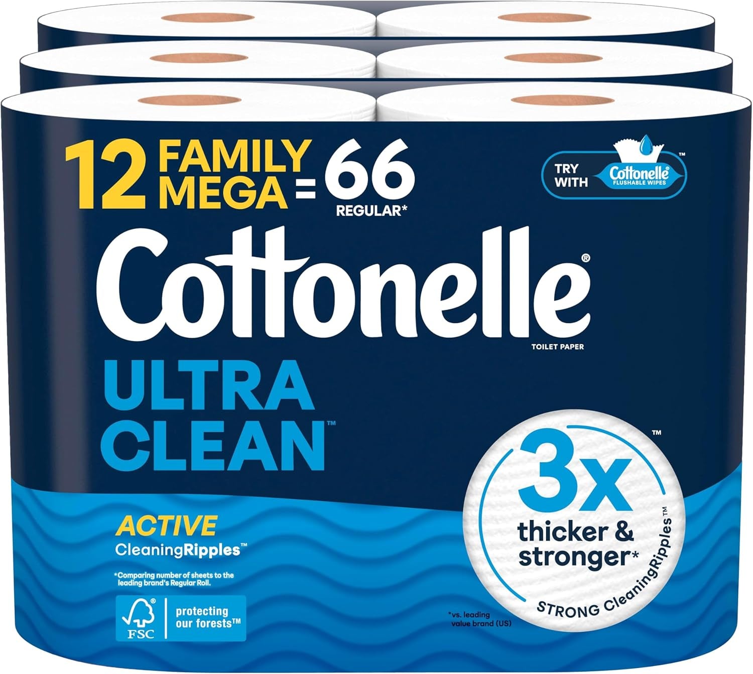 Cottonelle Ultra Clean Toilet Paper with Active Cleaningripples Texture, Strong Bath Tissue, 32 Family Mega Rolls = 176 Regular Rolls (8 Packs of 4)