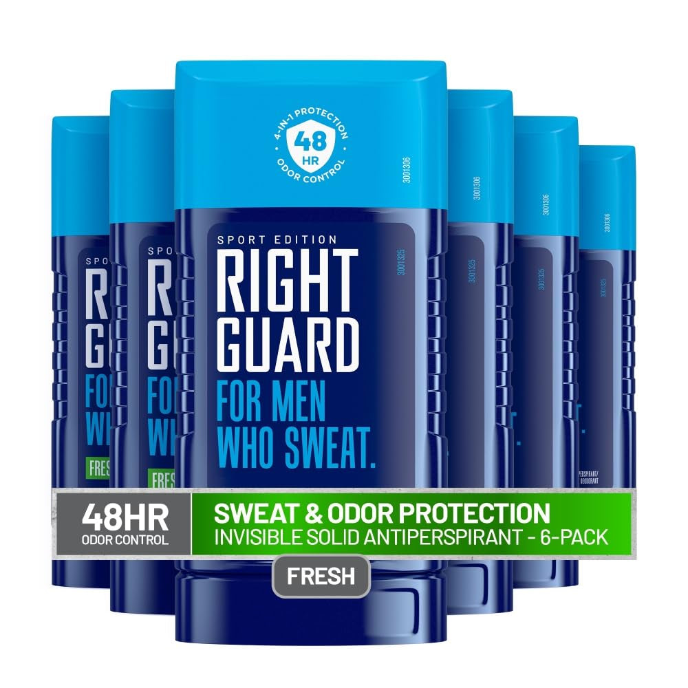 Right Guard Sport Fresh Scent Antiperspirant & Deodorant Invisible Solid - 4-In-1 Deodorant for Men, Blocks Sweat, 48-Hour Odor Protection, Quick-Drying, & Long-Lasting, 2.6 Oz (6 Pack)