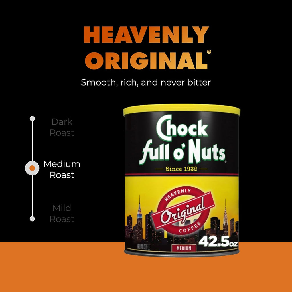 Chock Full O' Nuts Heavenly Original Ground Coffee – Premium Beans in Recyclable Steel Can – Rich Flavor & Aroma, Medium Roast – Perfect for Drip, Pour-Over, Percolator – 42.5 Oz Can