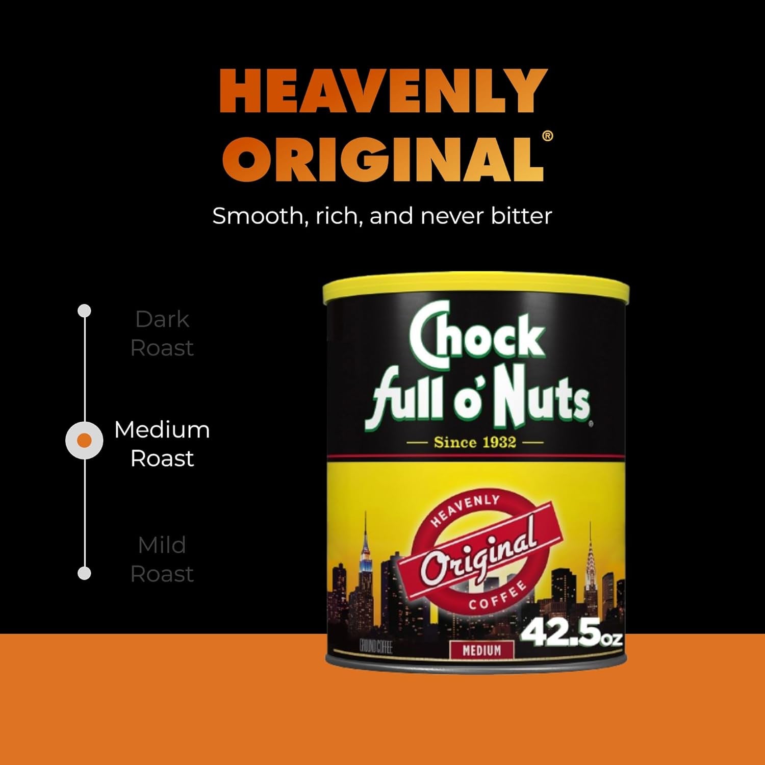 Chock Full O' Nuts Heavenly Original Ground Coffee – Premium Beans in Recyclable Steel Can – Rich Flavor & Aroma, Medium Roast – Perfect for Drip, Pour-Over, Percolator – 42.5 Oz Can