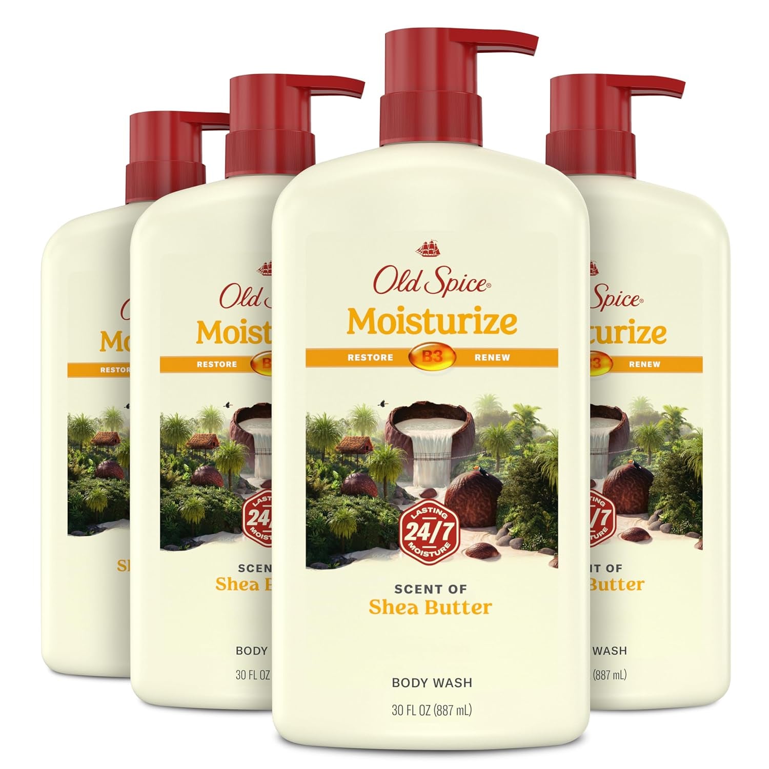 Old Spice Body Wash for Men, 24/7 Shower Fresh with Lasting Scent, Cleanse & Refresh, Gentle on Skin, Vitamin B3, Fiji with Palm Tree + Coconut Scent, 25 Oz (Pack of 4)