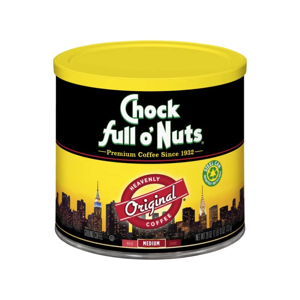 Chock Full O' Nuts Heavenly Original Ground Coffee – Premium Beans in Recyclable Steel Can – Rich Flavor & Aroma, Medium Roast – Perfect for Drip, Pour-Over, Percolator – 42.5 Oz Can