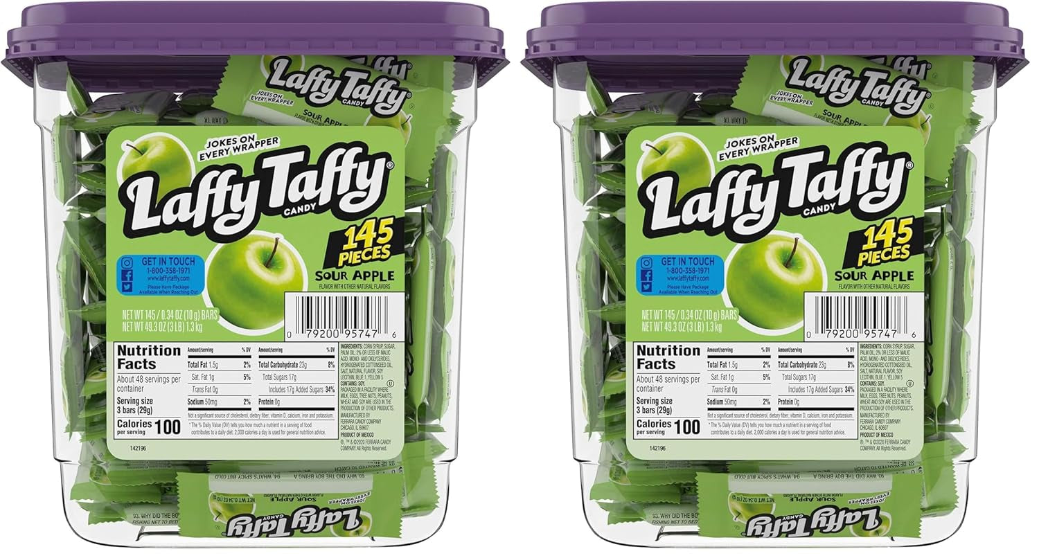 Laffy Taffy Candy, Assorted Fruit Flavored Taffy Candy, Sour Apple, Cherry, Strawberry & Banana Flavors (145 Pieces), 49.3 Ounce