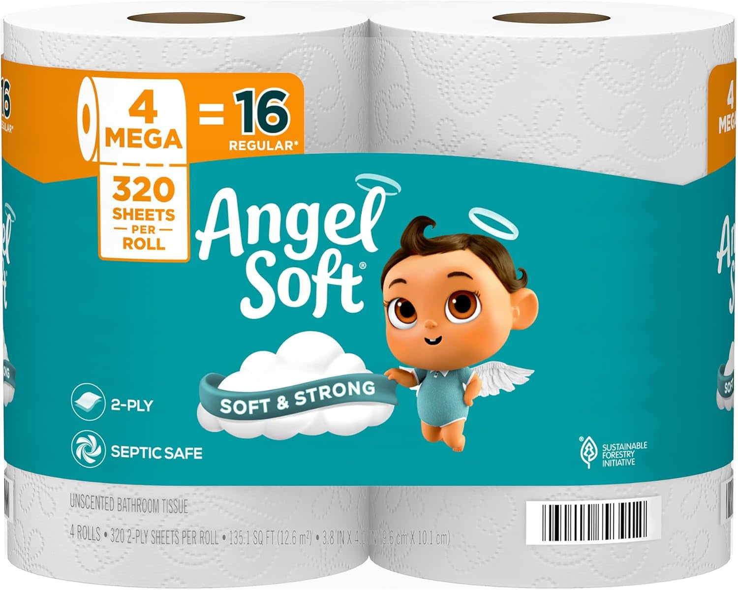 Angel Soft Toilet Paper, 12 Mega Rolls = 48 Regular Rolls, Soft and Strong Toilet Tissue