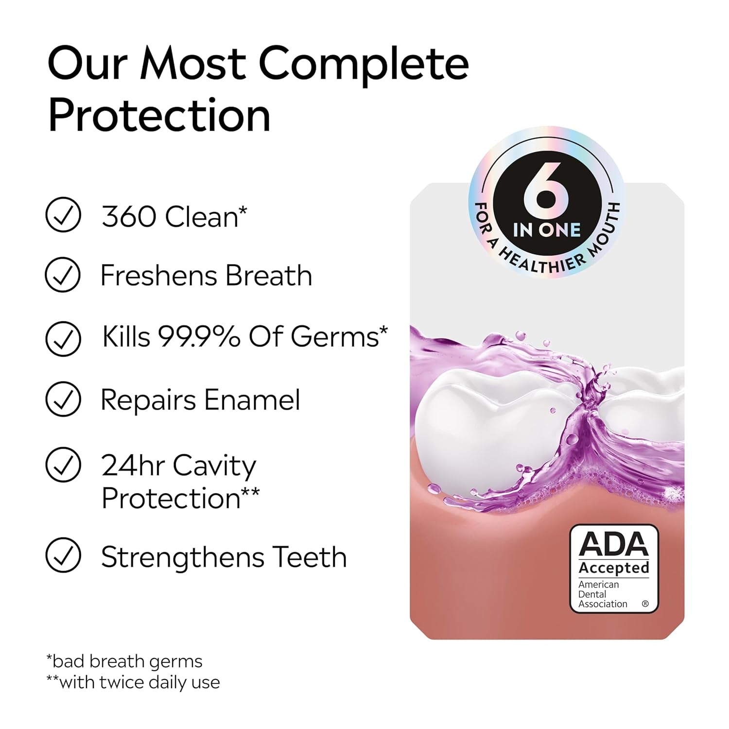 Listerine Mouthwash Total Care anti Cavity Treatment for Adults Kills 99.9% of Bad Breath Germs in Intense Mint Antibacterial Fluoride Mouthwash, 2 Pack of 33.8 Fl Oz​