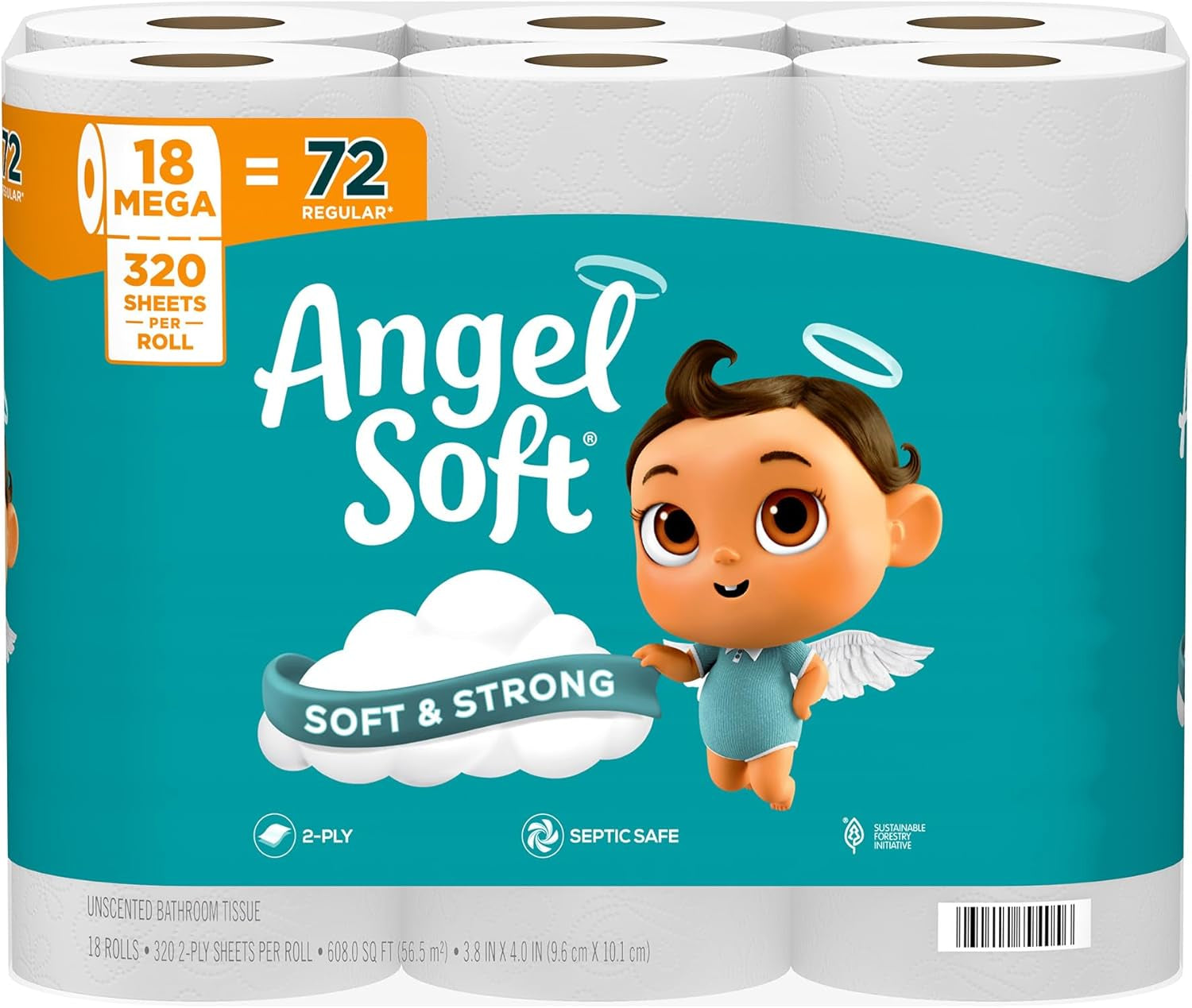Angel Soft Toilet Paper, 12 Mega Rolls = 48 Regular Rolls, Soft and Strong Toilet Tissue