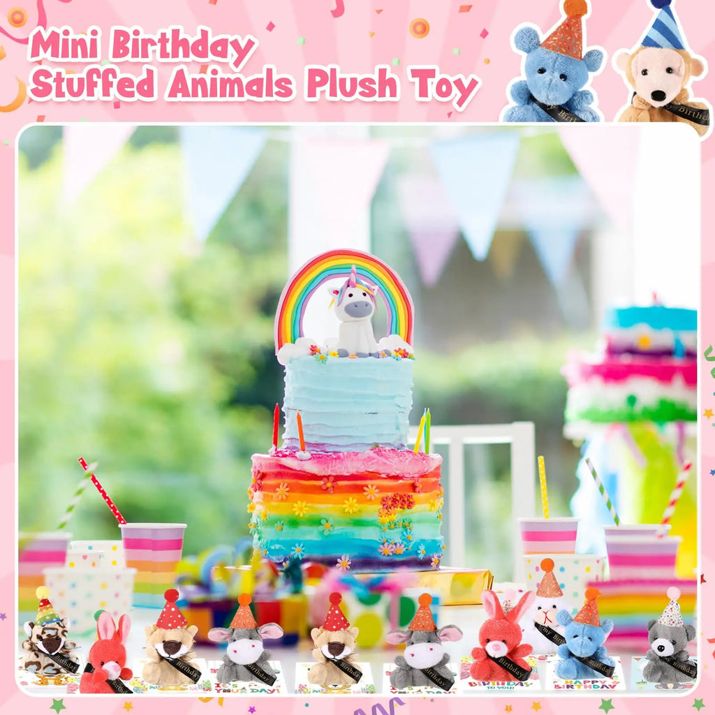 12/24 Sets Birthday Mini Plush Animals with Hats, Back to School Classroom Birthday Party Favors, Cute Stuffed Animal Goodie Bag Stuffers, Student Celebration Gifts, Classroom Rewards and School Party Supplies for Students, Friends and Teachers