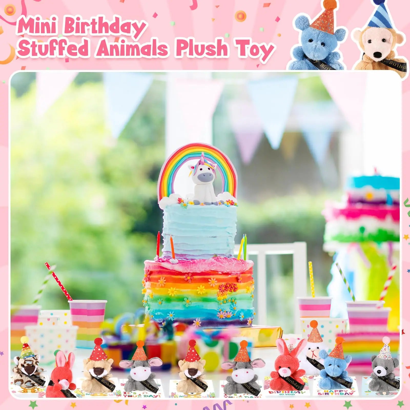 12/24 Sets Birthday Mini Plush Animals with Hats, Back to School Classroom Birthday Party Favors, Cute Stuffed Animal Goodie Bag Stuffers, Student Celebration Gifts, Classroom Rewards and School Party Supplies for Students, Friends and Teachers