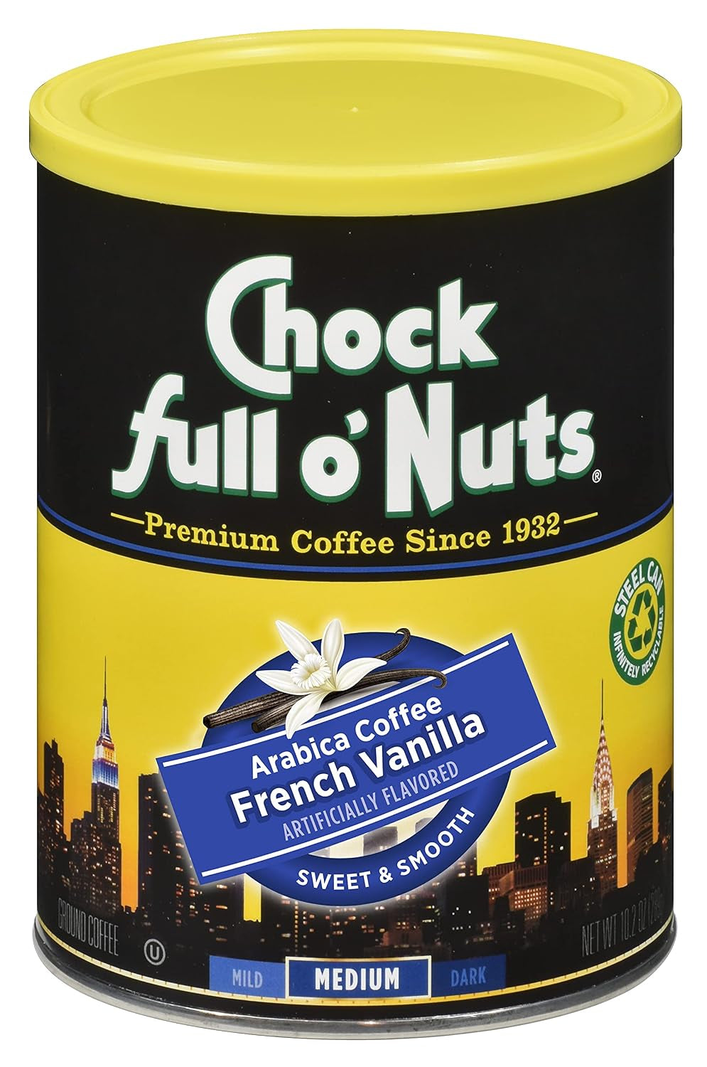 Chock Full O' Nuts Heavenly Original Ground Coffee – Premium Beans in Recyclable Steel Can – Rich Flavor & Aroma, Medium Roast – Perfect for Drip, Pour-Over, Percolator – 42.5 Oz Can