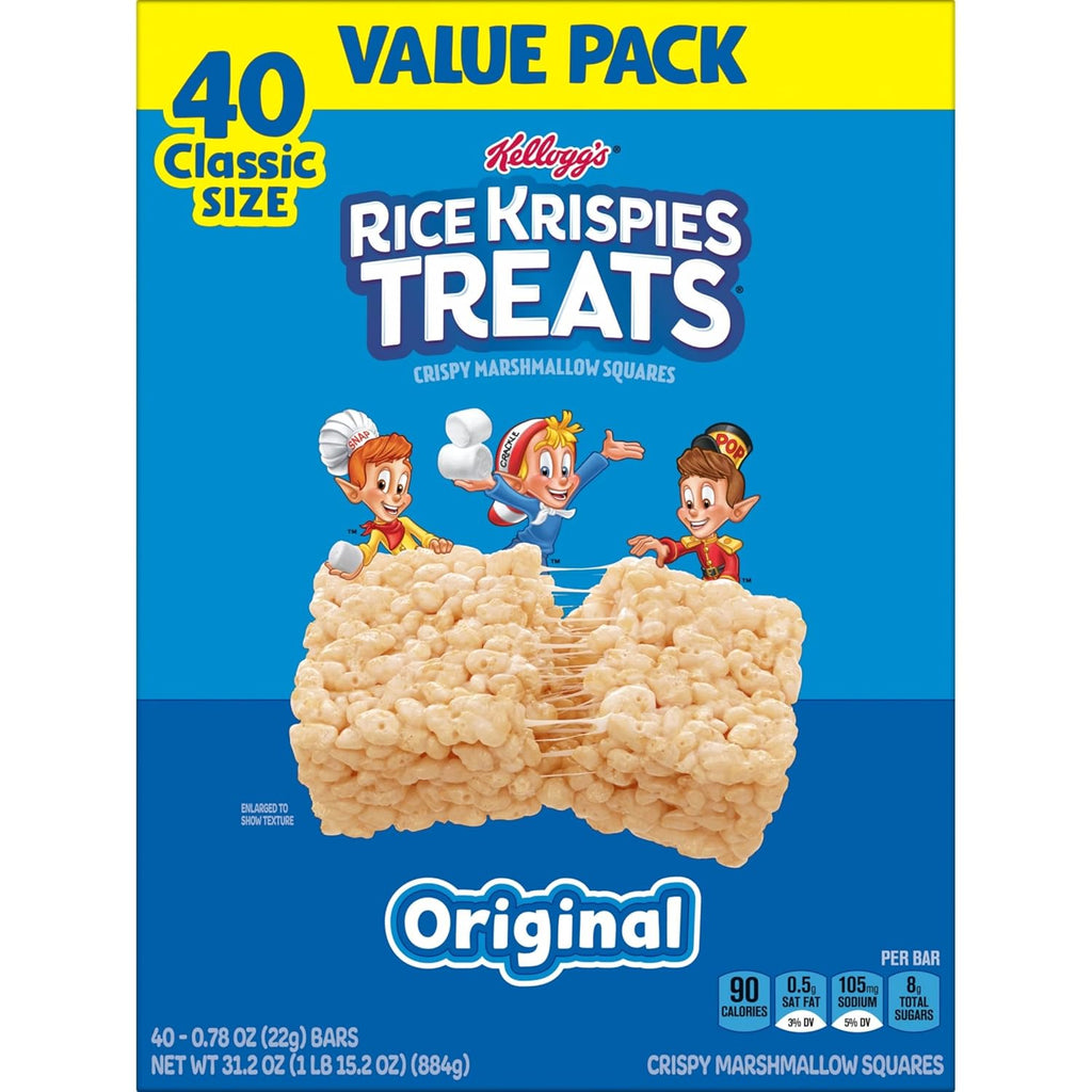 Rice Krispies Treats Crispy Marshmallow Squares, Kids Snacks, Cereal Bars, Original, 31.2Oz Box (40 Bars)