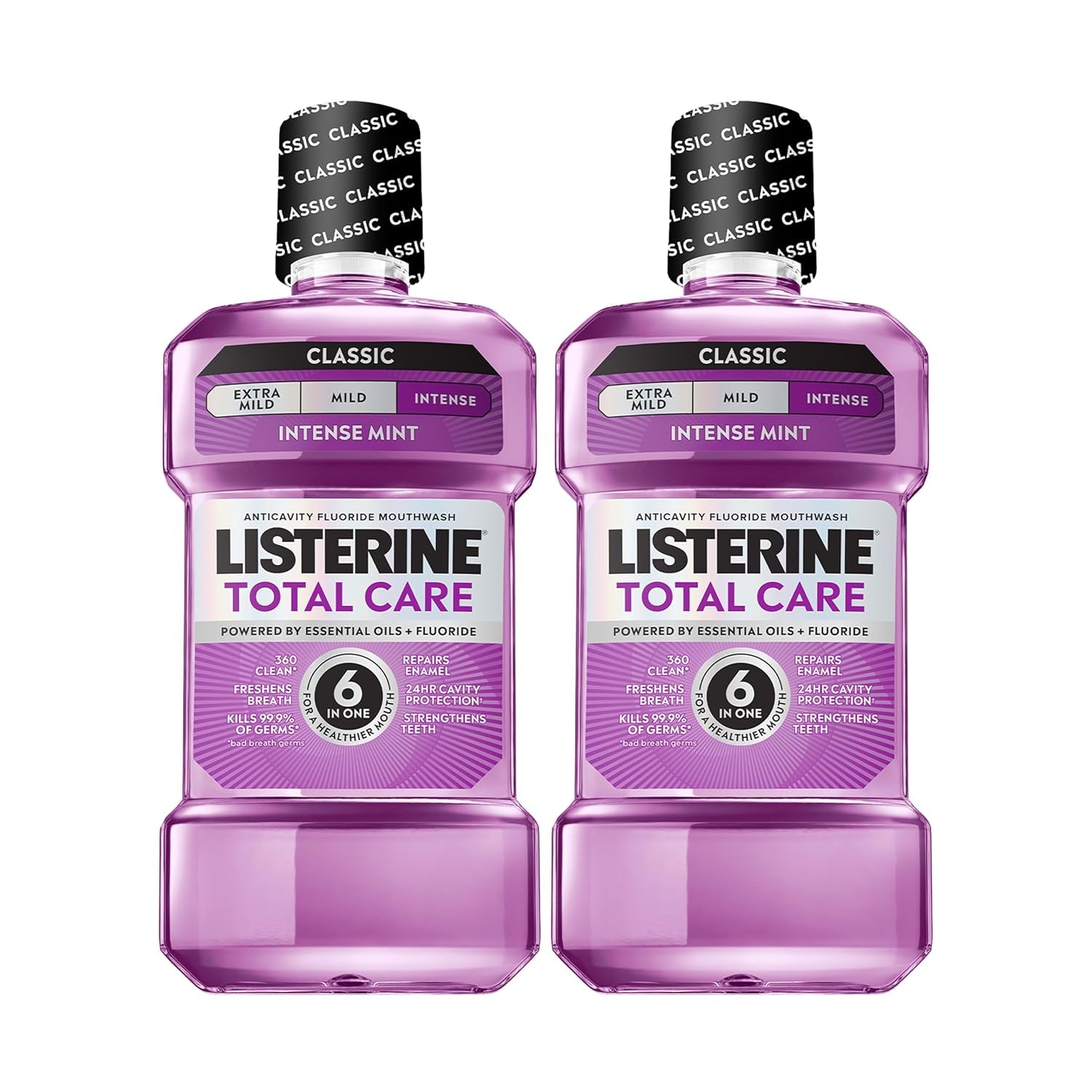 Listerine Mouthwash Total Care anti Cavity Treatment for Adults Kills 99.9% of Bad Breath Germs in Intense Mint Antibacterial Fluoride Mouthwash, 2 Pack of 33.8 Fl Oz​