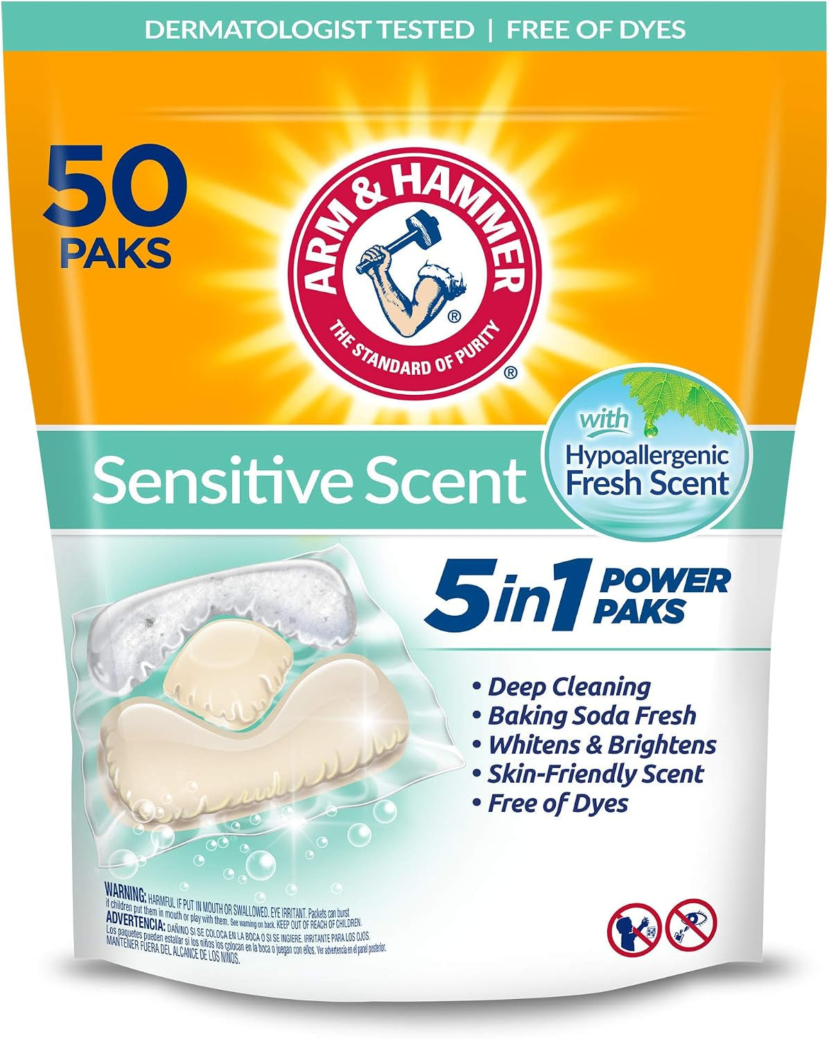 ARM & HAMMER Sensitive Skin Laundry Detergent with Hypoallergenic Fresh Scent, 5-IN-1 Power Paks, 42 Ct