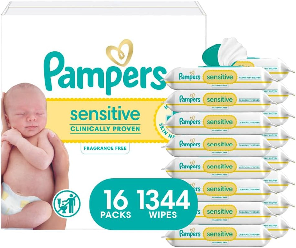 Pampers Sensitive Baby Wipes, Clinically Proven, Fragrance Free, Unscented, Water Based, Hypoallergenic, Multi-Use, Hand Wipes 1008 Wipes Total (18X Flip-Top Packs) [Packaging May Vary]