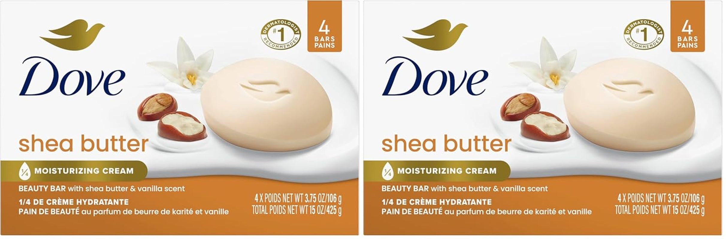 Dove Beauty Bar Soap Shea Butter, 8 Bars for Nourished, Radiant Skin, Enriches Skin 3.75 Oz