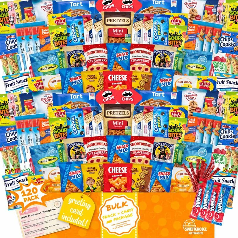 Snack Box Variety Pack (120 Count) - Bulk Snacks Variety Pack for Adults, Kids & Teens - Snacks Candy Gift Box with Chips, Cookies & Bars - Care Packages for College Students, Office & Birthdays