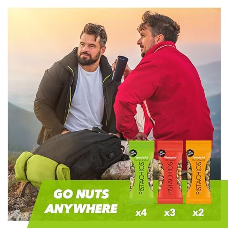 Wonderful Pistachios No Shells, 3 Flavors Mixed Variety Pack of 9 (0.75 Ounce), Roasted & Salted Nuts (4), Chili (3), Honey (2), Protein Snacks, Gluten Free, Healthy Snacks Variety Pack for Adults
