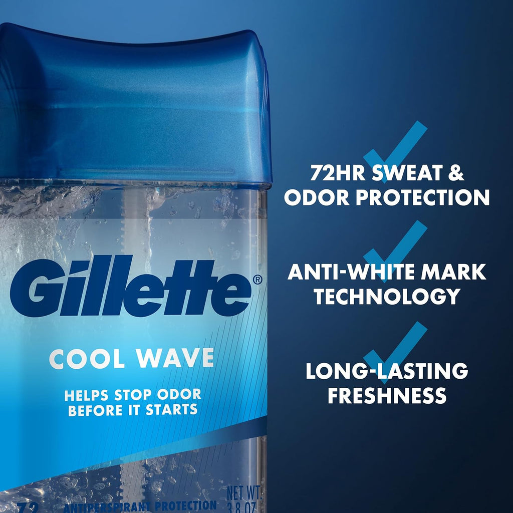 Gillette Antiperspirant and Deodorant for Men, 72Hr Clinical Strength Sweat & Odor Protection, Long Lasting Freshness, Anti-White Mark Technology, Clear Gel, Cool Wave Scent, 3.8 Oz (Pack of 4)