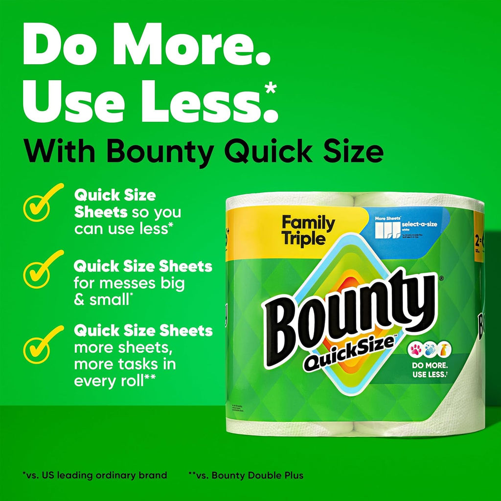 Paper Towels Quick Size, White, 2 Family Triple Rolls = 6+ Regular Rolls