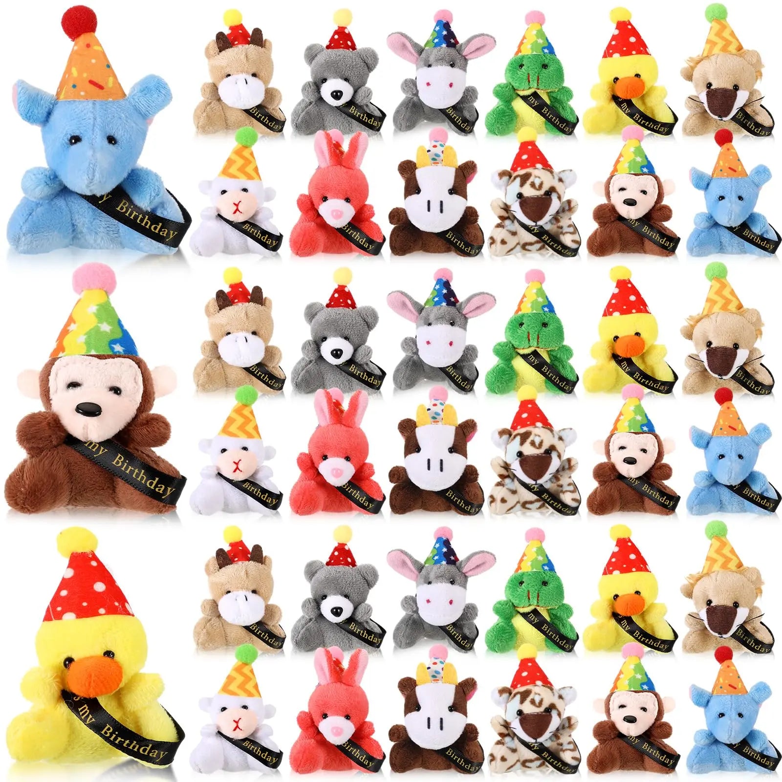 12/24 Sets Birthday Mini Plush Animals with Hats, Back to School Classroom Birthday Party Favors, Cute Stuffed Animal Goodie Bag Stuffers, Student Celebration Gifts, Classroom Rewards and School Party Supplies for Students, Friends and Teachers