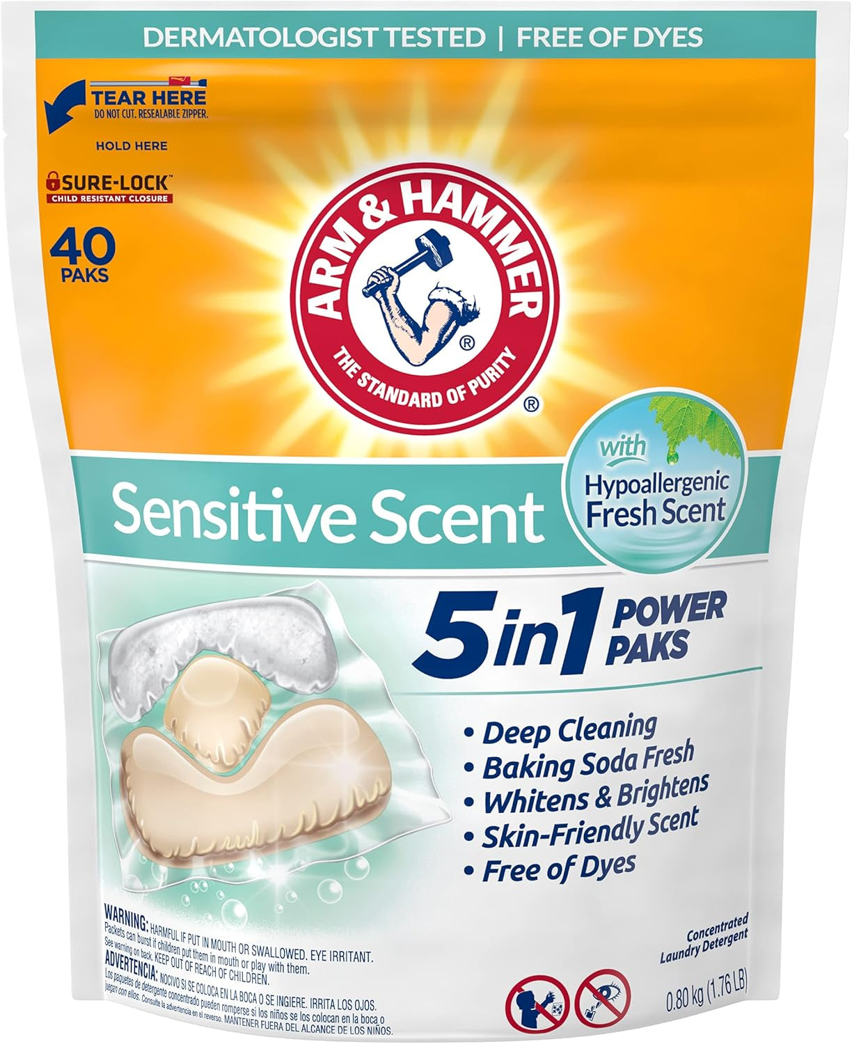 ARM & HAMMER Sensitive Skin Laundry Detergent with Hypoallergenic Fresh Scent, 5-IN-1 Power Paks, 42 Ct
