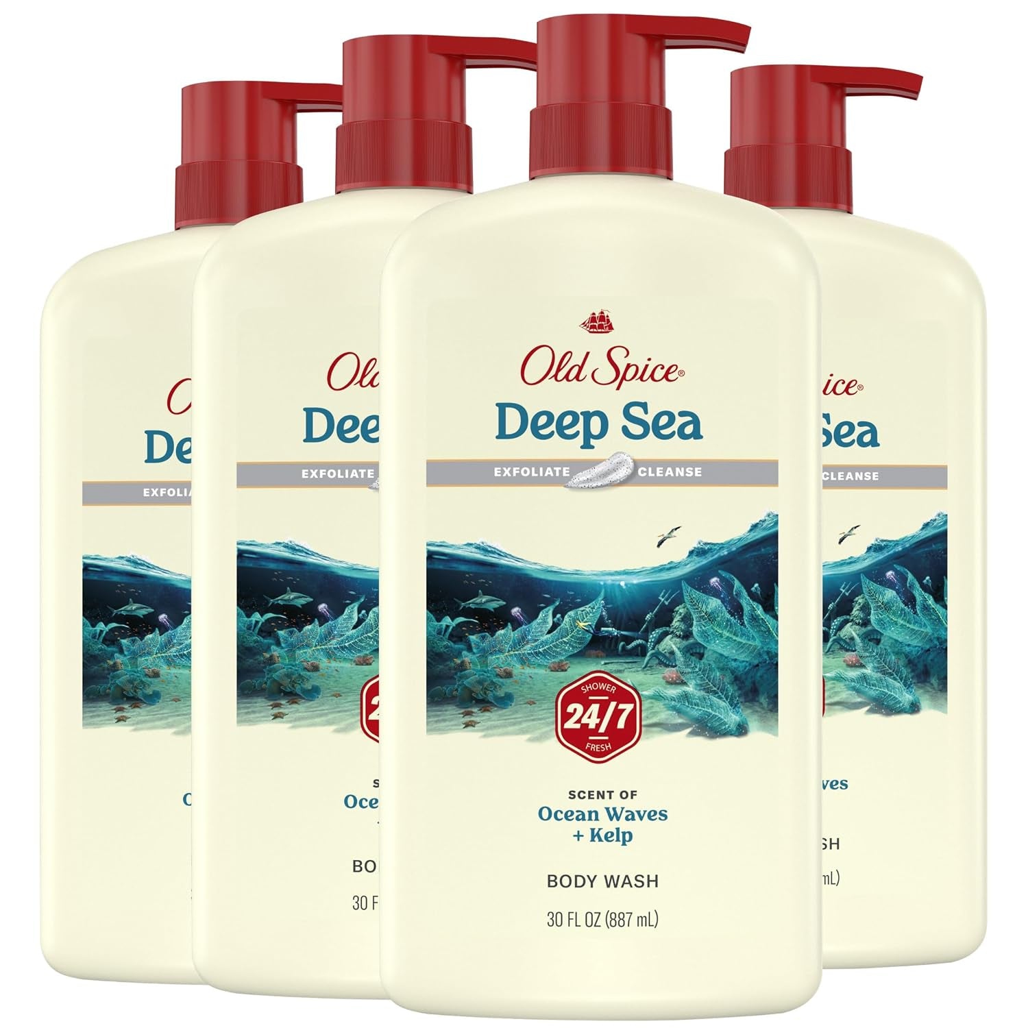 Old Spice Body Wash for Men, 24/7 Shower Fresh with Lasting Scent, Cleanse & Refresh, Gentle on Skin, Vitamin B3, Fiji with Palm Tree + Coconut Scent, 25 Oz (Pack of 4)