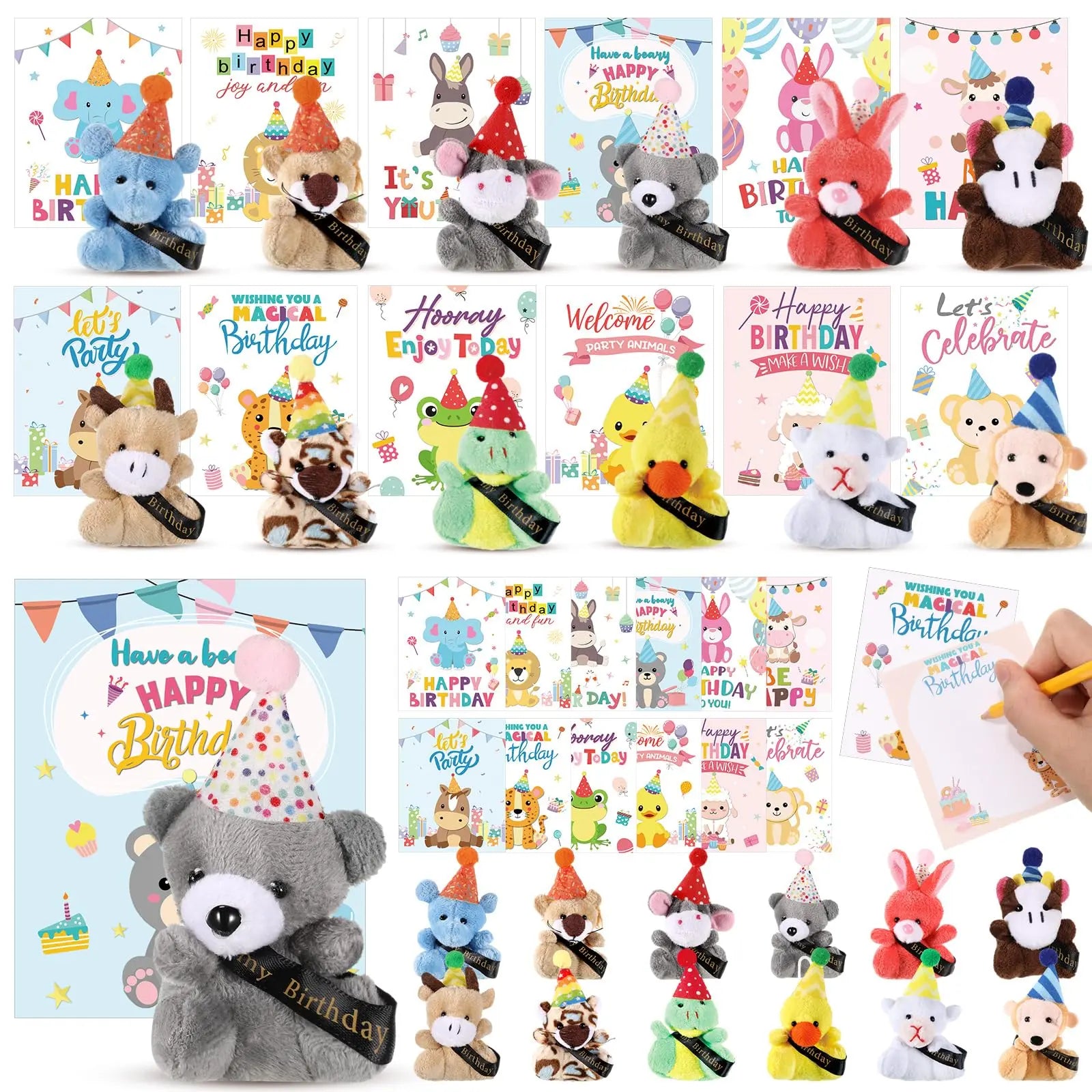 12/24 Sets Birthday Mini Plush Animals with Hats, Back to School Classroom Birthday Party Favors, Cute Stuffed Animal Goodie Bag Stuffers, Student Celebration Gifts, Classroom Rewards and School Party Supplies for Students, Friends and Teachers
