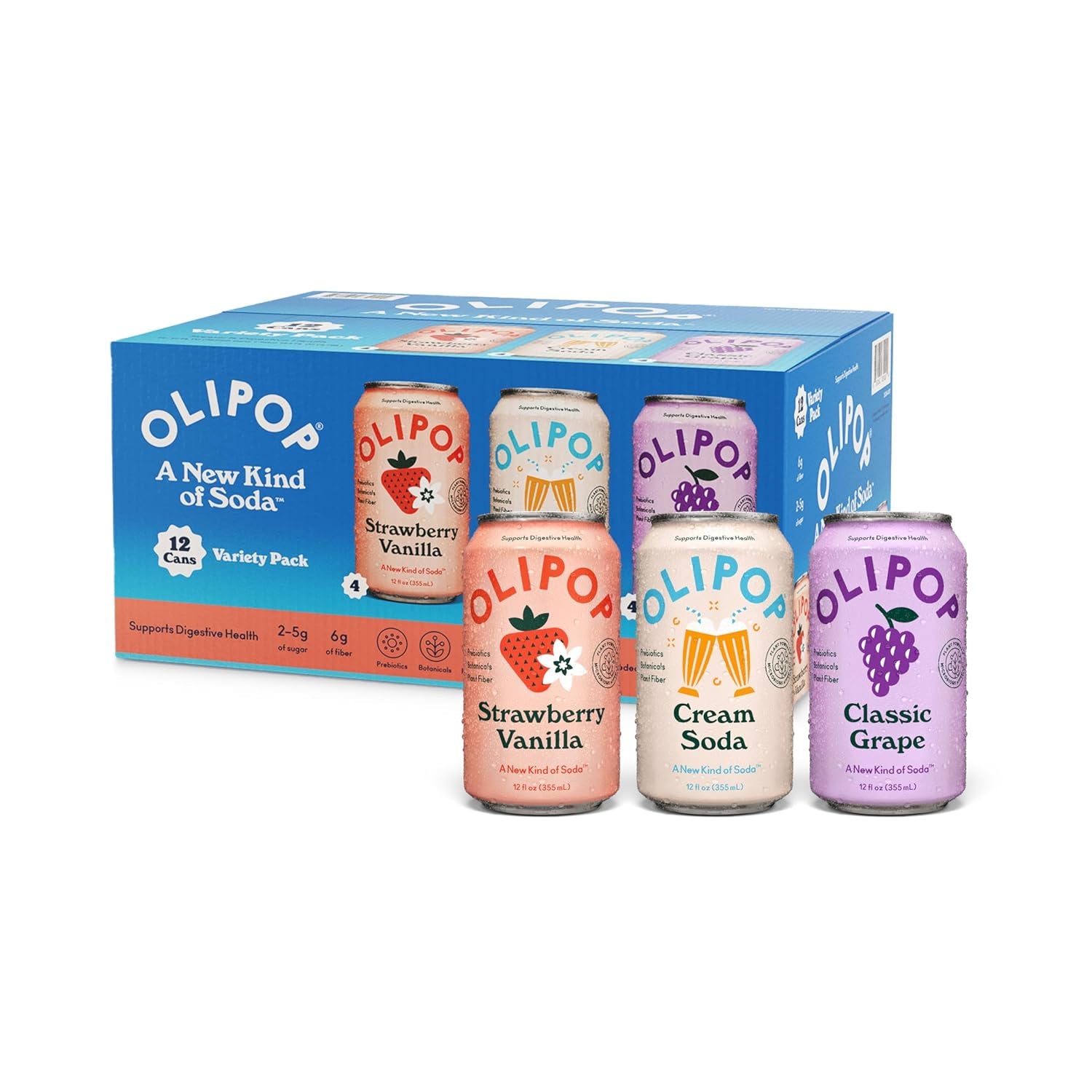 OLIPOP Prebiotic Soda Pop, Vintage Cola, Pantry Pack Packed with Prebiotics, Fiber, and Botanicals, Gluten Free, GMO Free, 12Oz (12-Cans) (Packaging May Vary)