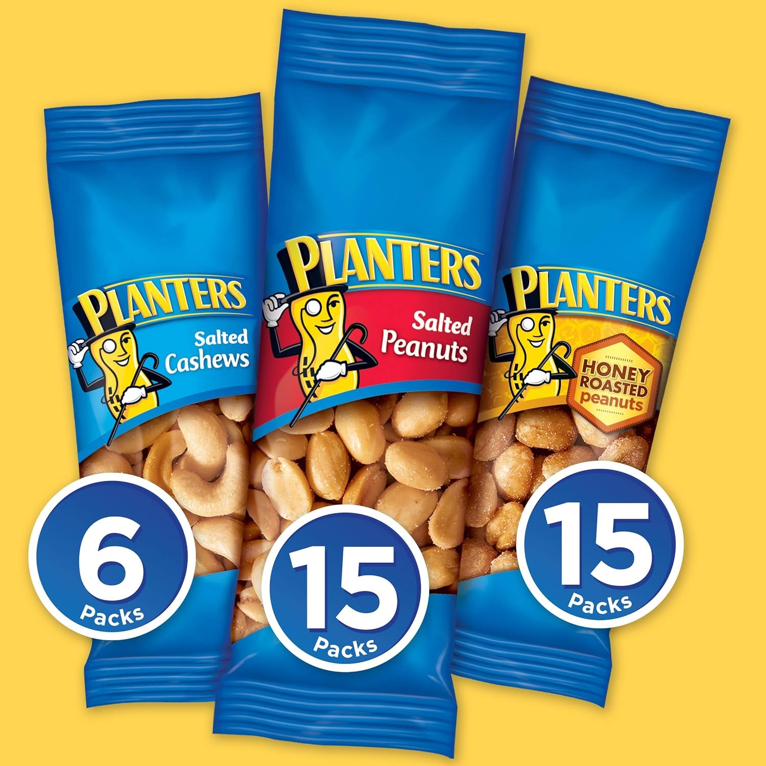 PLANTERS Variety Pack, Salted Cashews, Salted Peanuts & Honey Roasted Peanuts, On-The-Go Nut Snacks, Individually Packed Snacks, 8 -13G (12% - 13% DV) Plant-Based Protein (36 Count)