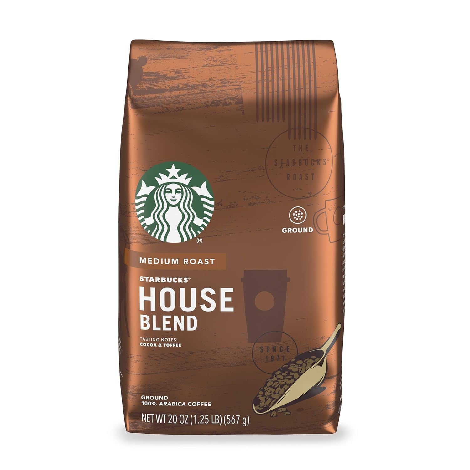 Starbucks Ground Coffee, Medium Roast Coffee, House Blend, 100% Arabica, 1 Bag (18 Oz)
