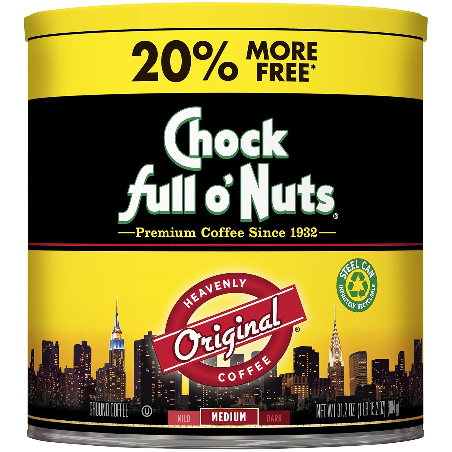Chock Full O' Nuts Heavenly Original Ground Coffee – Premium Beans in Recyclable Steel Can – Rich Flavor & Aroma, Medium Roast – Perfect for Drip, Pour-Over, Percolator – 42.5 Oz Can