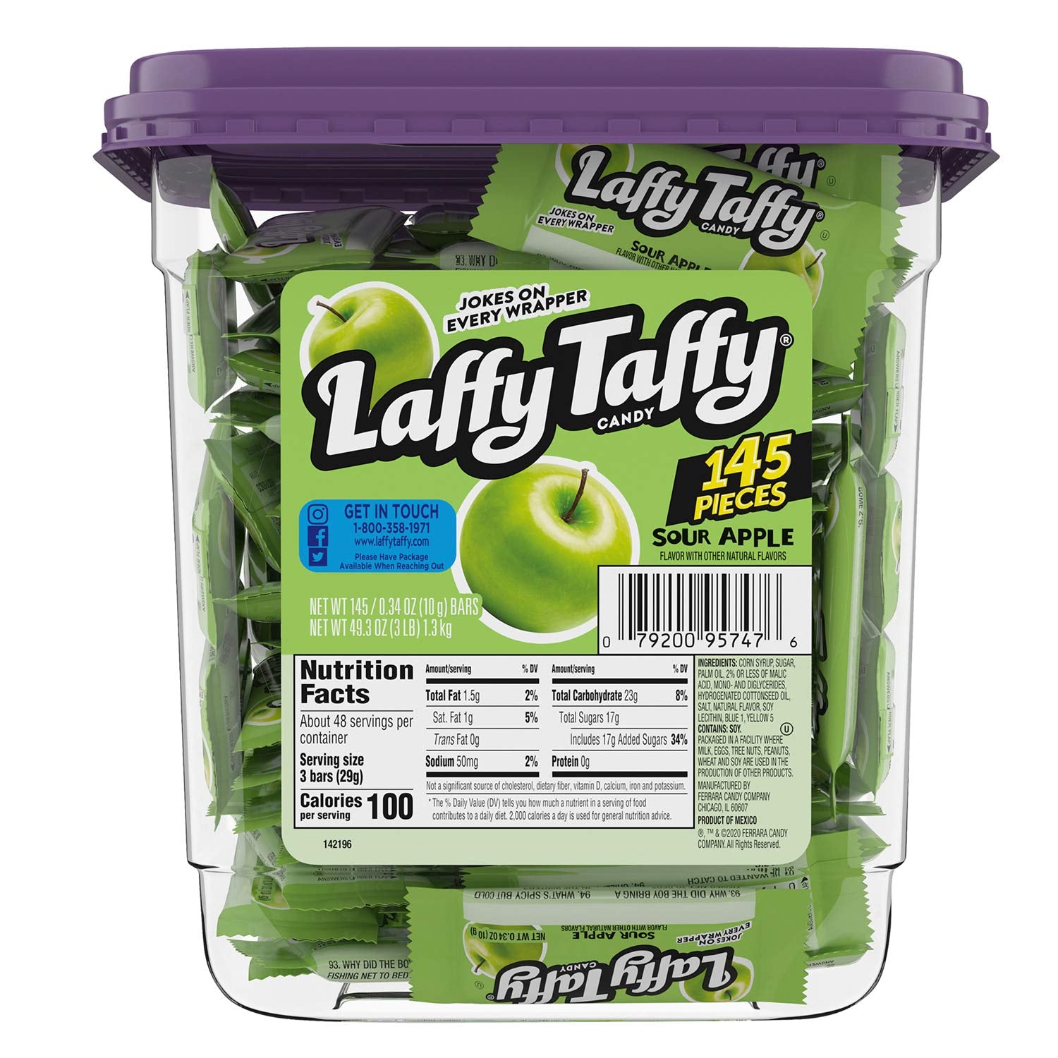 Laffy Taffy Candy, Assorted Fruit Flavored Taffy Candy, Sour Apple, Cherry, Strawberry & Banana Flavors (145 Pieces), 49.3 Ounce