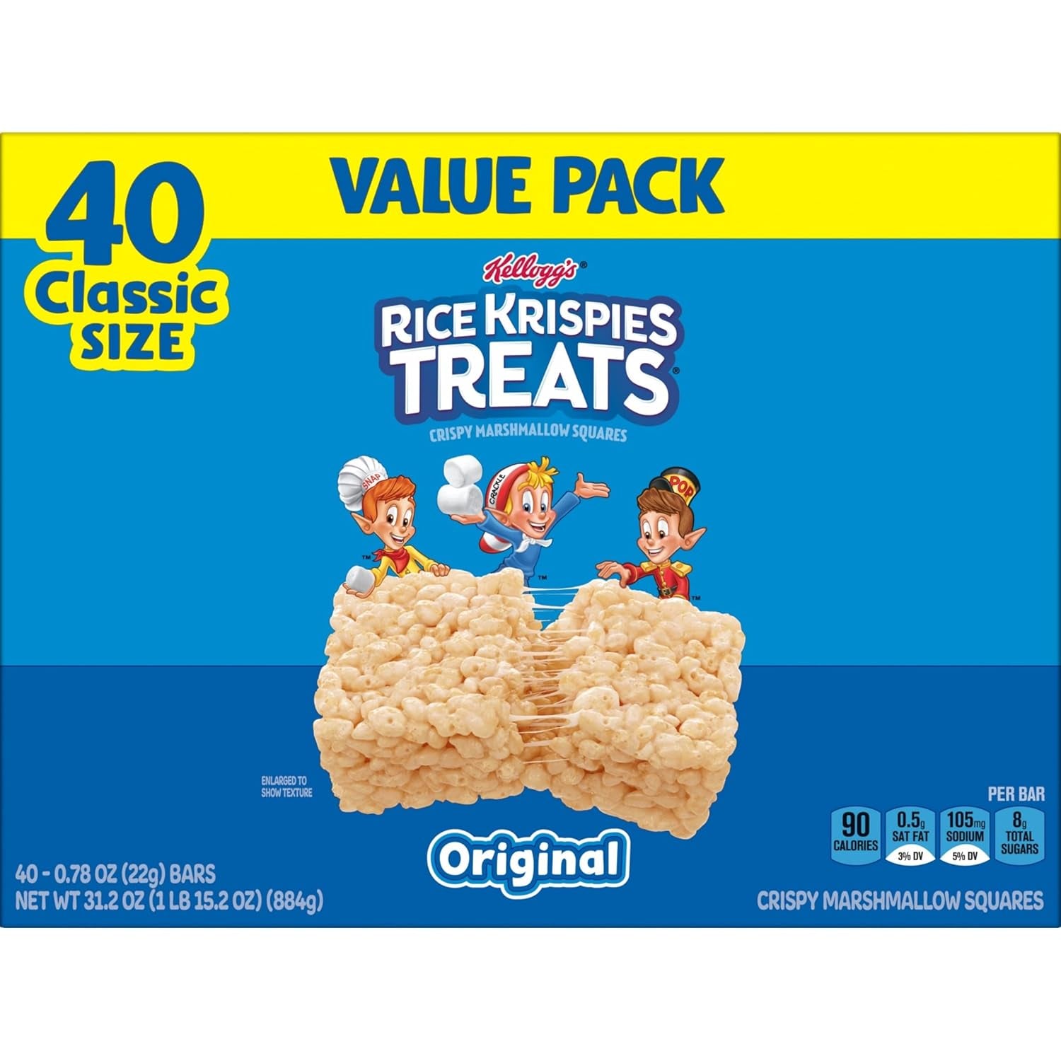 Rice Krispies Treats Crispy Marshmallow Squares, Kids Snacks, Cereal Bars, Original, 31.2Oz Box (40 Bars)