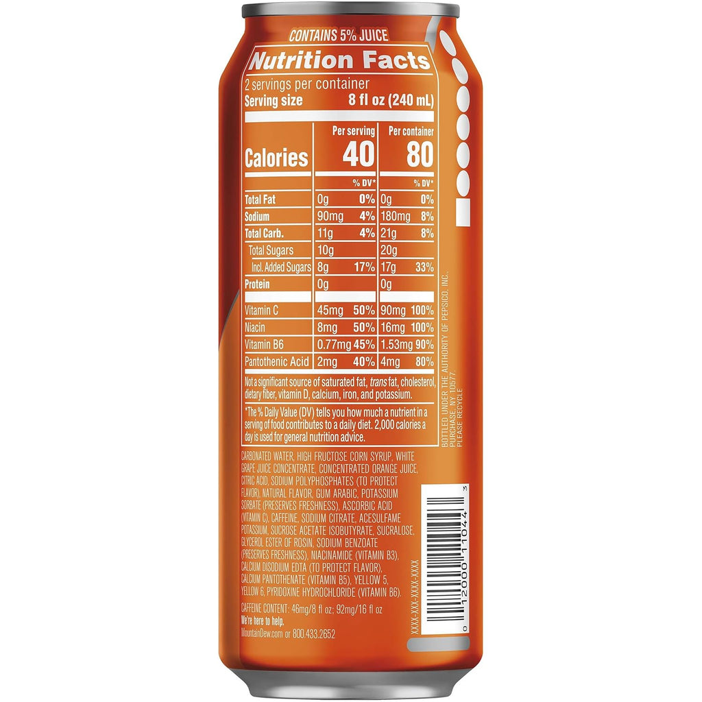 Mountain Dew Kickstart, Orange Citrus, 92Mg Caffeine, Vitamins B & C, 80 Calories, 5% Juice, 16 Fl Oz (Pack of 12)