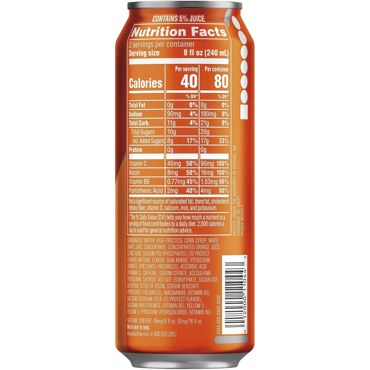 Mountain Dew Kickstart, Orange Citrus, 92Mg Caffeine, Vitamins B & C, 80 Calories, 5% Juice, 16 Fl Oz (Pack of 12)
