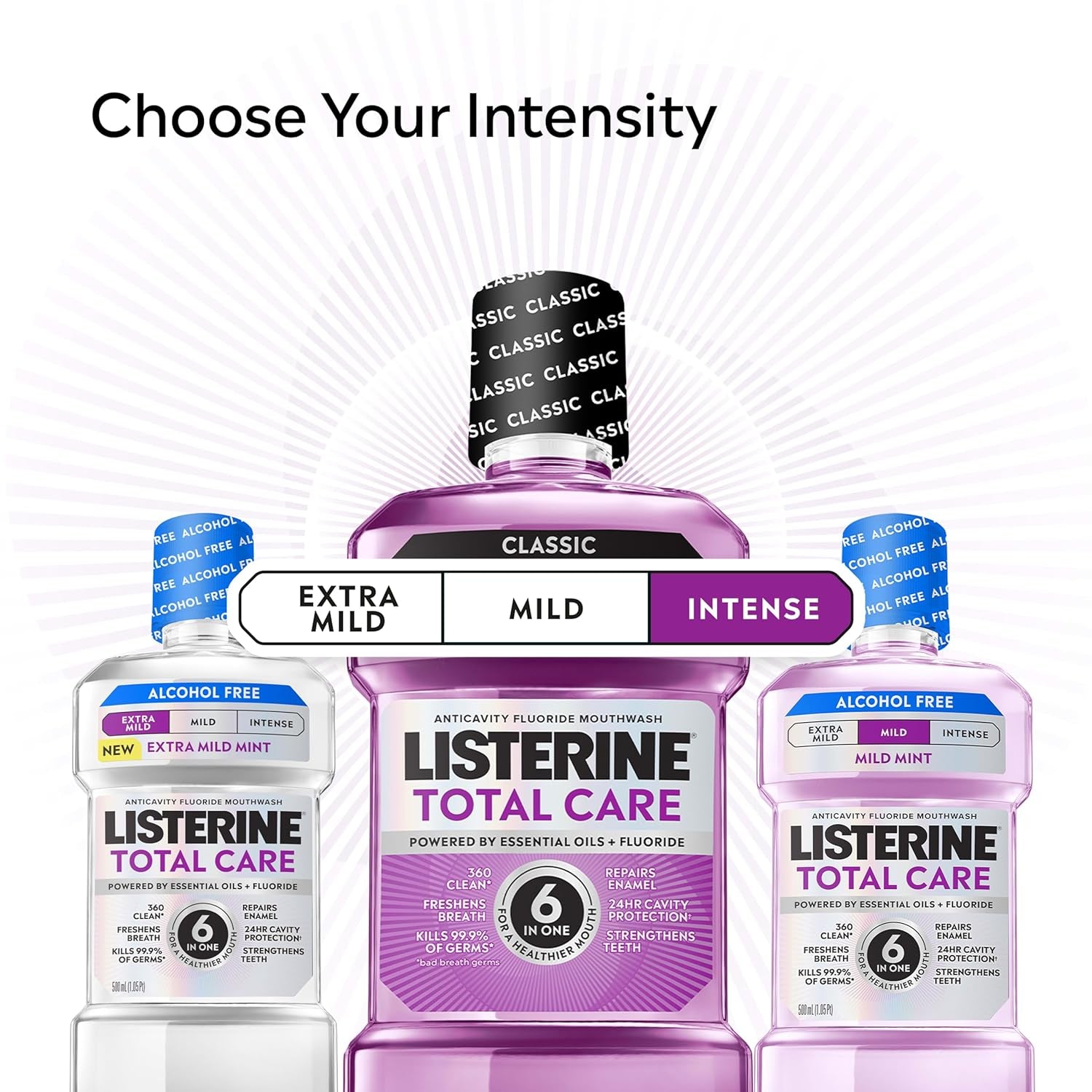 Listerine Mouthwash Total Care anti Cavity Treatment for Adults Kills 99.9% of Bad Breath Germs in Intense Mint Antibacterial Fluoride Mouthwash, 2 Pack of 33.8 Fl Oz​